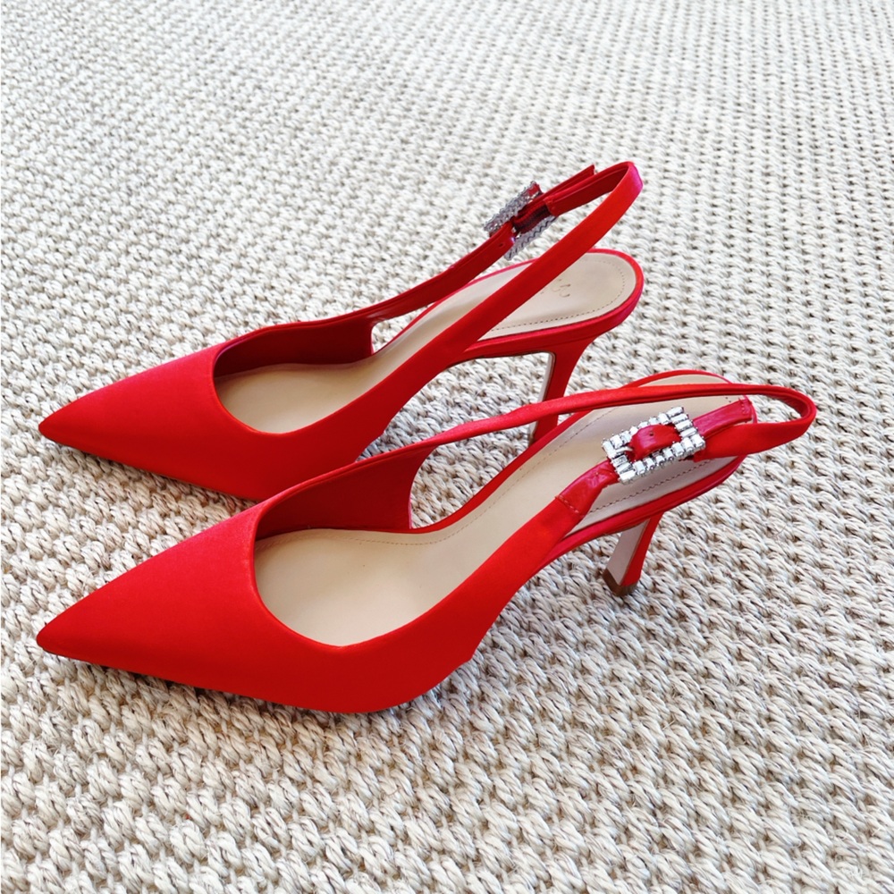 NEW Eleven22 Red Satin Slingback Heels Rhinestone Buckle Size 7 - saks fifth ave